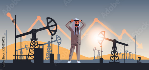 arabic businessman frustrated about downward chart arrow falling price decrease of petroleum costs crisis concept pump jack industrial equipment drilling rig horizontal full length vector illustration