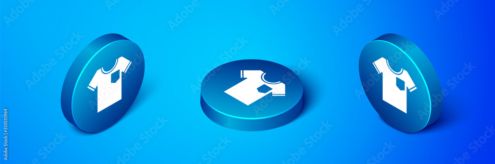 Isometric T-shirt icon isolated on blue background. Blue circle button. Vector Isometric T-shirt icon isolated on blue background. Blue circle button. Vector