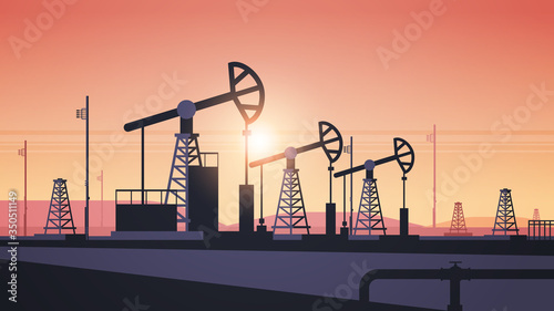 pump jack petroleum production trade oil industry concept pumps industrial equipment drilling rig sunset background horizontal vector illustration
