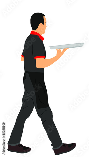 Waiter holding empty tray for order drinks for guests vector illustration. Restaurant servant taking orders. Worker in pub serve wine drinks for client. Barman welcomes guest. Cocktails and beverage.