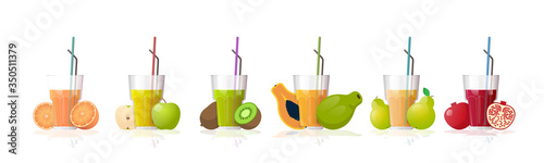 set glasses of fresh juice with straw sliced fruits collection isolated on white background horizontal vector illustration