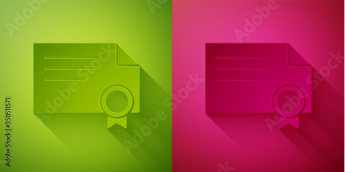 Paper cut Certificate template icon isolated on green and pink background. Achievement, award, degree, grant, diploma concepts. Paper art style. Vector