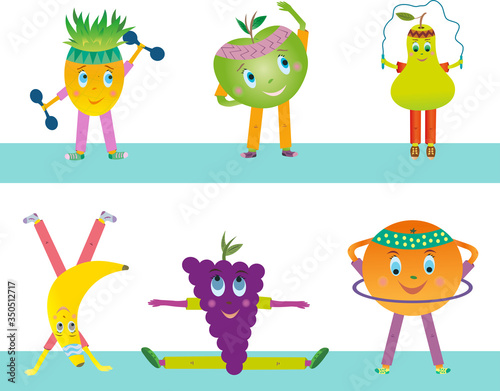 Vector fruits are athletes on a white background. Fruits dressed in tracksuits go in for sports.