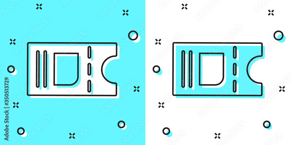 Black line Cinema ticket icon isolated on green and white background. Random dynamic shapes. Vector Black line Cinema ticket icon isolated on green and white background. Random dynamic shapes. Vector