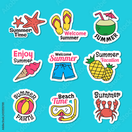 Set of cute summer stickers. Bright summertime icon. Collection elements for beach party vector illustration. Colorful funny doodle symbols.