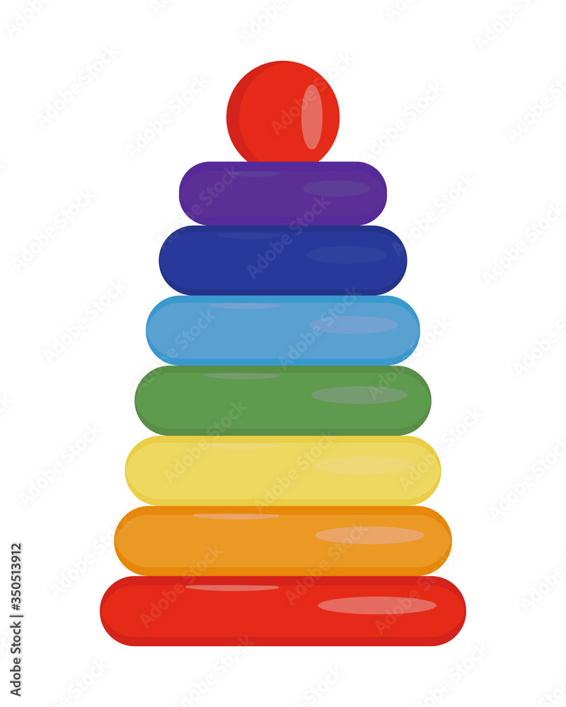 Icon of a children's educational toy isolated on white background. Pyramid of colored rings for children