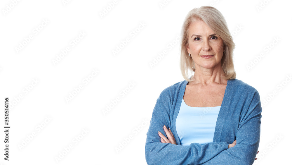 portrait of happy middle-aged female is smiling at camera isolated portrait of happy middle-aged female is smiling at camera isolated