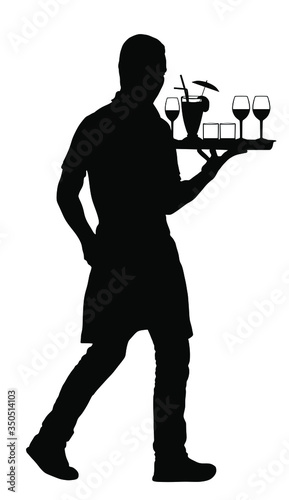 Waiter holding tray with order drinks for guests vector silhouette. Servant in restaurant taking orders. Worker in pub serve wine drinks for client. Barman welcomes guest. Cocktails and beverage.