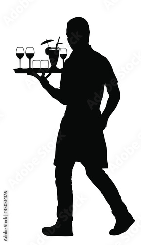 Waiter holding tray with order drinks for guests vector silhouette. Servant in restaurant taking orders. Worker in pub serve wine drinks for client. Barman welcomes guest. Cocktails and beverage.