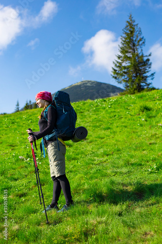Hiking girl with poles and backpack walking trail of the green slope backgroud of mountains, fir trees and blue sky in summer. Outdoor activity, tourism concept. Healthy lifestyle outdoors
