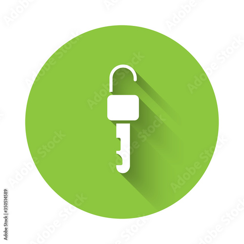 White Unlocked key icon isolated with long shadow. Green circle button. Vector