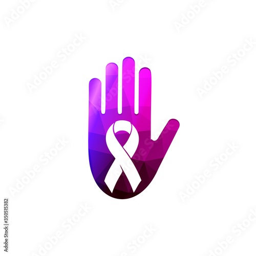 Human palm with ribbon against home abuse logo. Domestic violence logotype. Purple hand abused hitting support vector illustration. Isolated aggression protection, self-defense icon.