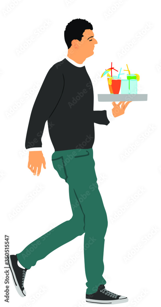 Waiter holding tray with order drinks for guests vector illustration. Servant in restaurant taking orders. Worker in pub serve food and drinks for client. Barman welcomes guest. Cocktails and beverage Waiter holding tray with order drinks for guests vector illustration. Servant in restaurant taking orders. Worker in pub serve food and drinks for client. Barman welcomes guest. Cocktails and beverage