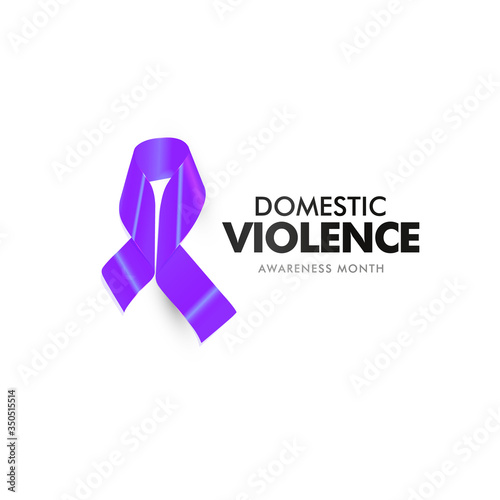 Domestic violence and aggression poster. Home abused victim support banner. Isolated purple ribbon against home abuse vector illustration on white background