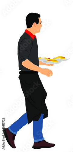 Waiter holding tray with order food for guest vector illustration. Servant in restaurant taking order. Worker in pub serve burgers and french fries for client. Barman welcomes guest. Gastronomy cusine