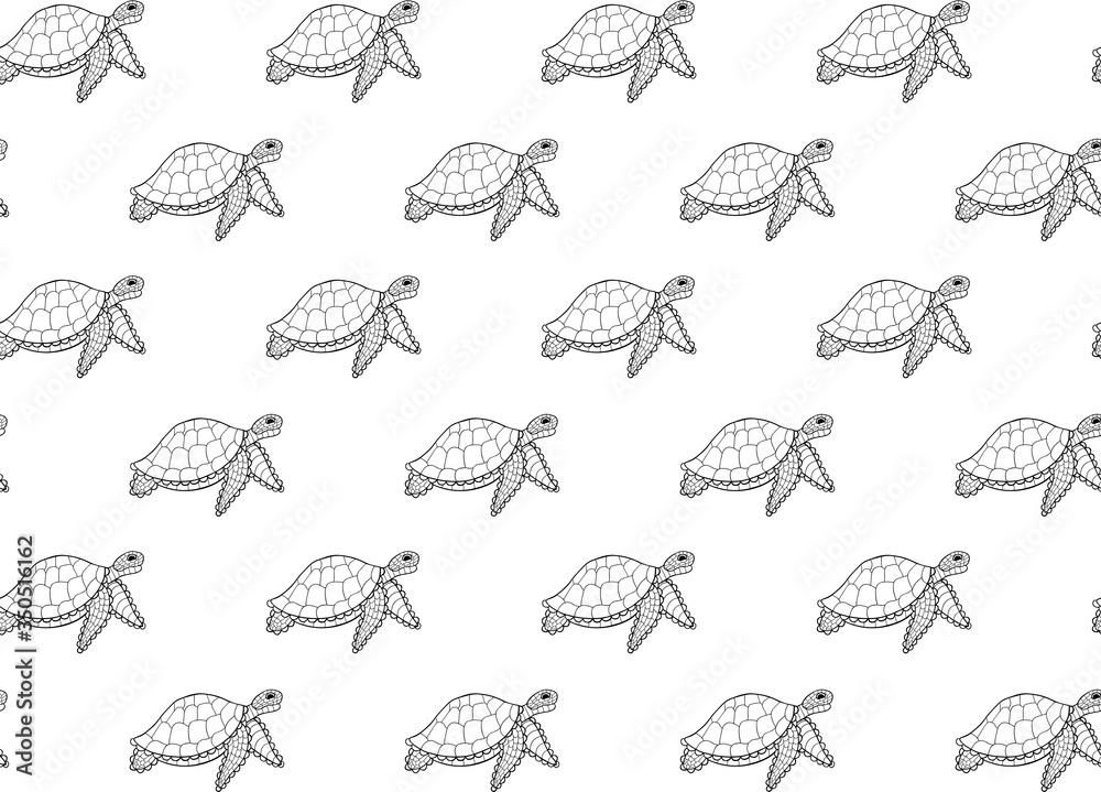 Seamless pattern of black outline hand-drawn stylized turtles with ...