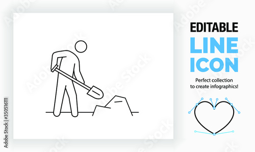 Editable line icon of a stick figure shovelling, part of a huge set of editable line icons!