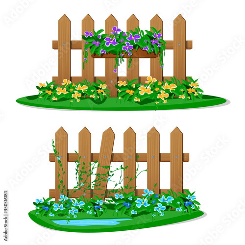 Cartoon wooden fence with  garden flowers in hanging pots. Set of garden fences isolated on white background. Wood boards silhouette construction in flat style with flower hanging decorations
