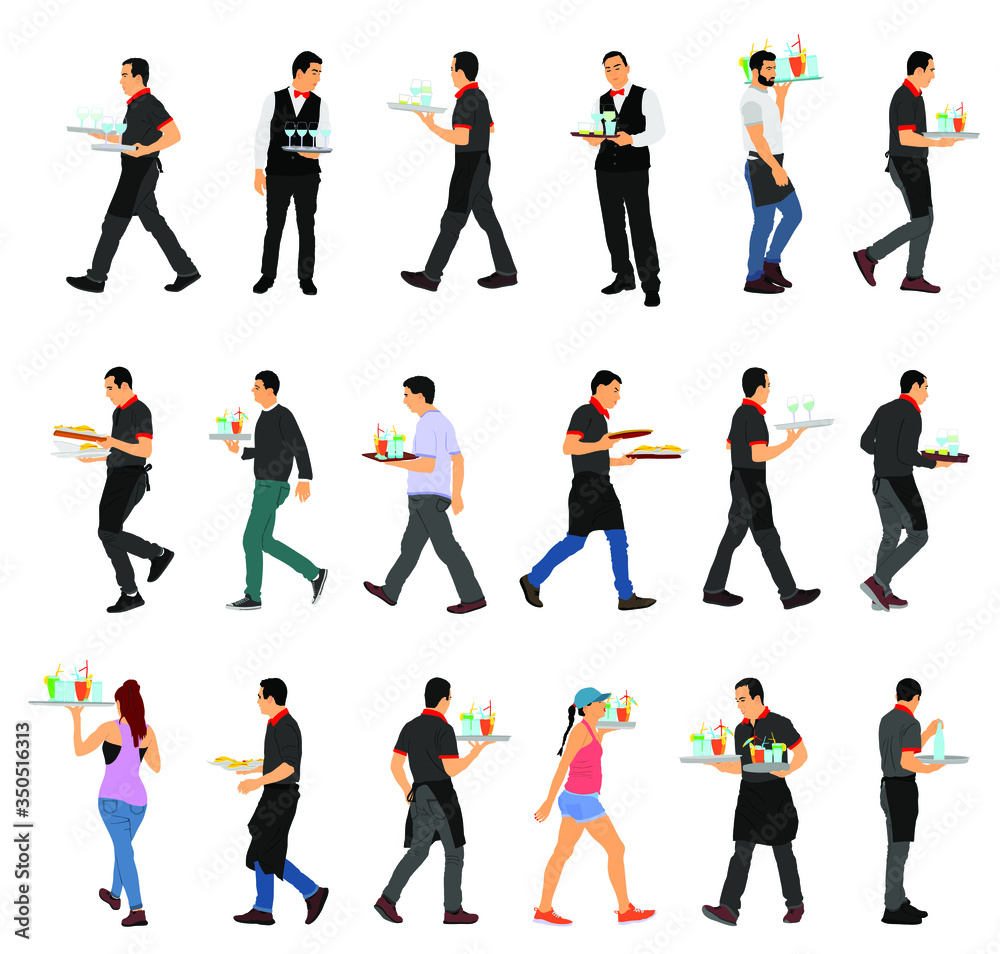 Waiter holding tray with order drinks for guests vector illustration. Servant in restaurant taking orders. Worker in pub serve food and drinks for client. Barman welcomes guest. Cocktails and beverage Waiter holding tray with order drinks for guests vector illustration. Servant in restaurant taking orders. Worker in pub serve food and drinks for client. Barman welcomes guest. Cocktails and beverage