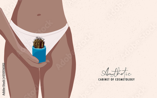 Girl  making epilation, Intime zone, legs hair removal on dark afro skin illustratin. Beauty salon safe laser removal procedure  advertising.  Smooth skin depilation cartoon illustration in vector