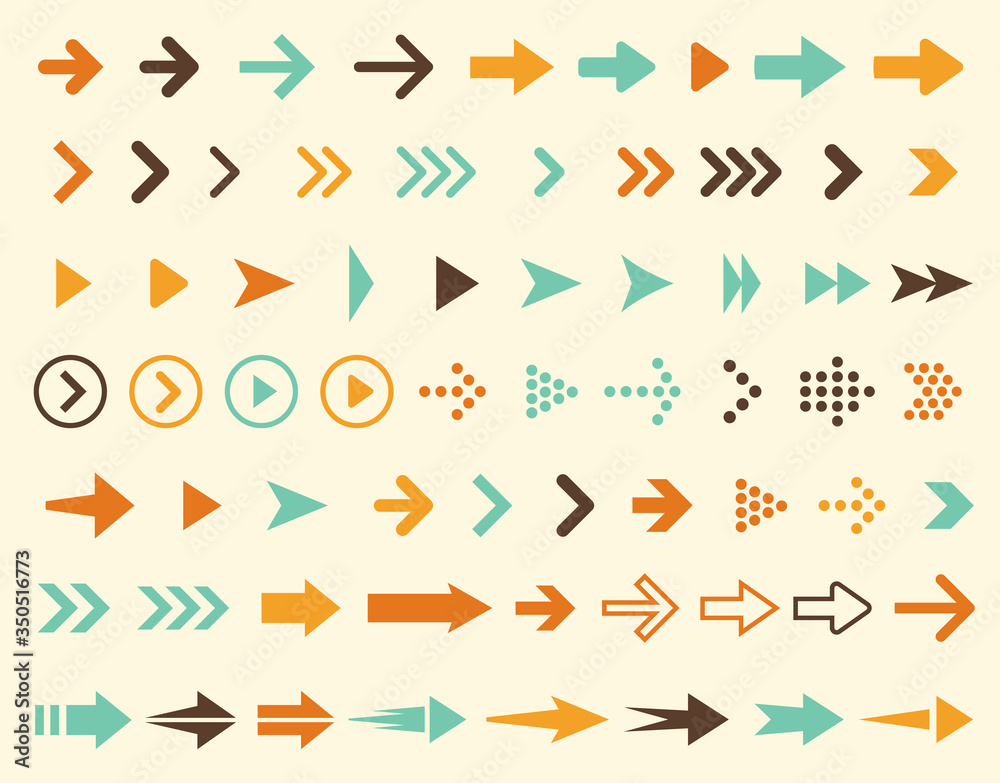 Collection of arrows icons in retro style and in vintage colors, large set of right pointers signs, vector illustration Collection of arrows icons in retro style and in vintage colors, large set of right pointers signs, vector illustration