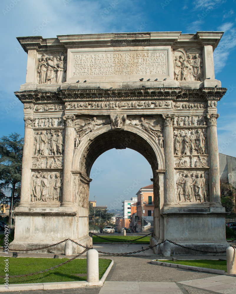 Benevento/Italy - May 19, 2020: the famous tryumph arch of Traiano, the roman emperor.