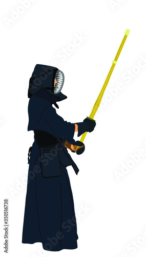 Kendo fighter with protective clothing and mask vector illustration isolated on white background. Kendo sport martial discipline training. Traditional combat skill from Japan. Japanese culture.