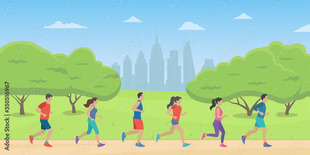 People running in the park with cityscape. Men and Women jogging. Marathon race concept. Sport and fitness design template with runners and athletes in flat style. Vector illustration.