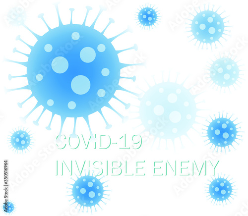Vector image of blue coronaviruses on white background and text reading 