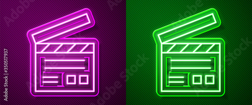 Glowing neon line Movie clapper icon isolated on purple and green background. Film clapper board. Clapperboard sign. Cinema production or media industry. Vector