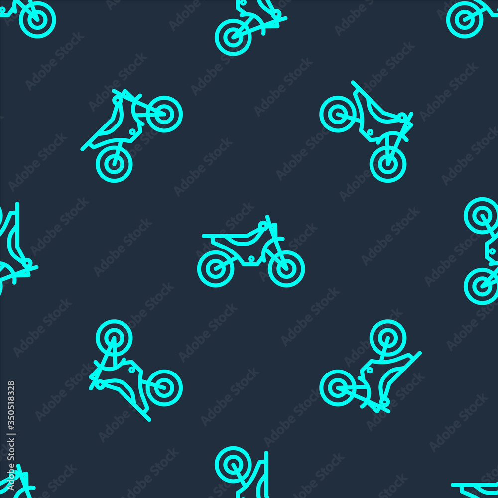 Green line Mountain bike icon isolated seamless pattern on blue background. Vector