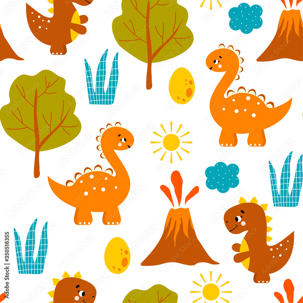 Fototapeta premium Colorful Childish seamless pattern with dinosaurs, mountains and trees. Hand drawn children's pattern for fashion clothes, shirt, fabric. Baby Vector Illustration. Dinosaur pattern vector.