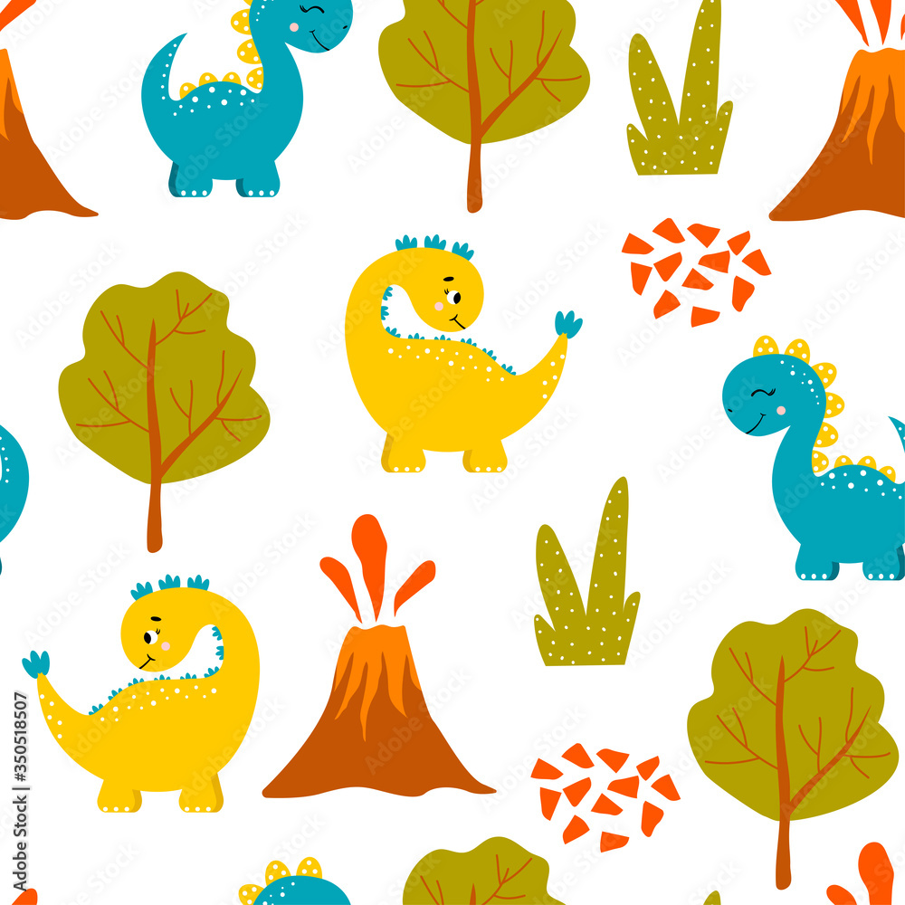 Fototapeta Colorful Childish seamless pattern with dinosaurs, mountains and trees. Hand drawn children's pattern for fashion clothes, shirt, fabric. Baby Vector Illustration. Dinosaur pattern vector.