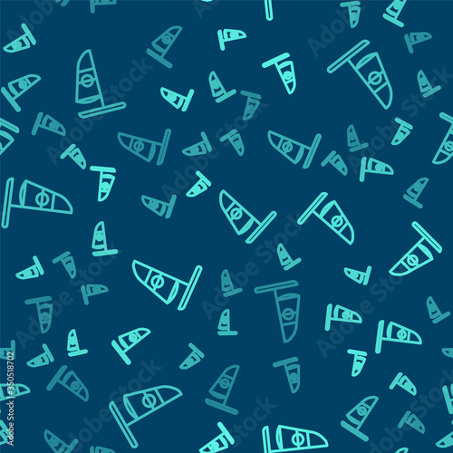 Green line Windsurfing icon isolated seamless pattern on blue background. Vector