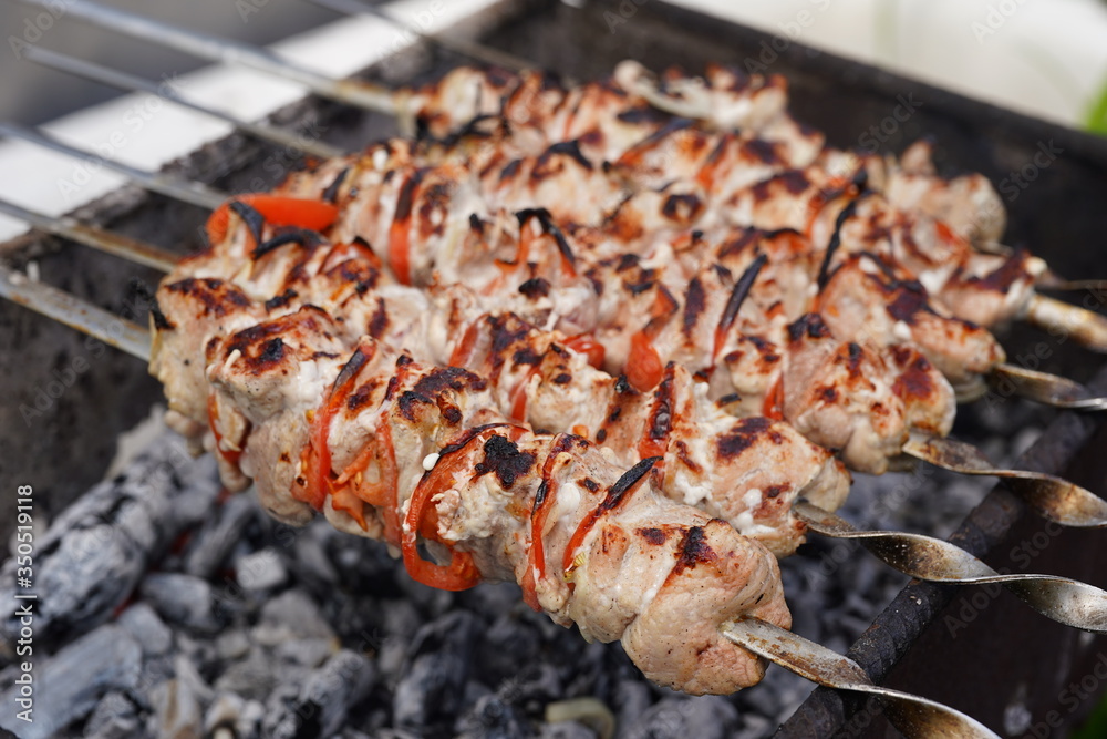 Barbecue meat on skewers, beautifully browned meat on the grill. A pork meat on the grill in the spring garden. Cooking shashlik on the mangal in nature. Shashlik cooking on the coals
