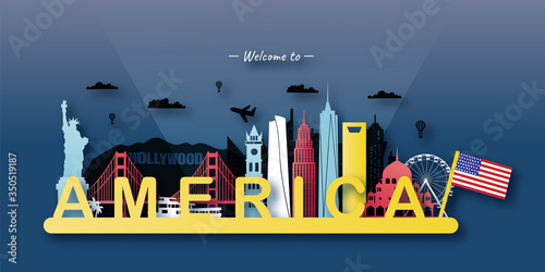 USA America Travel postcard, poster, tour advertising of world famous landmarks. Vectors illustrations