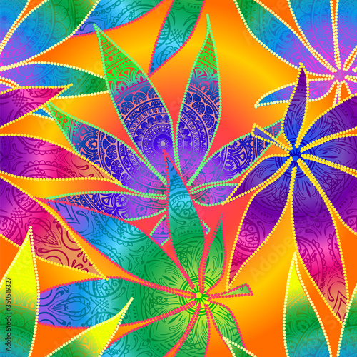seamless pattern from iridescent versicolour marijuana leaves in Hippie Retro style 60s, 70s. Shamanism and esotericism style. Mandala and spirituality