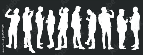 Business people meeting and drinking wine vector silhouette isolated on black. Friends toasting relaxation after work. Boys drink beer in bar. Social live celebration with beverage. Girl and boy love.
