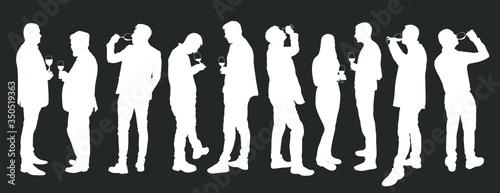 Business people meeting and drinking wine vector silhouette isolated on black. Friends toasting relaxation after work. Boys drink beer in bar. Social live celebration with beverage. Girl and boy love.