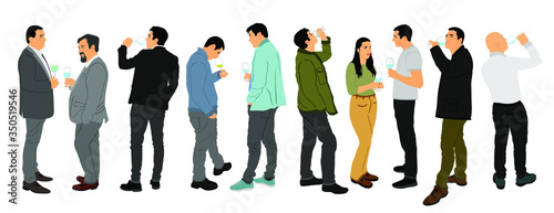 Business people meeting and drinking wine vector illustration isolated on white. Friend toasting relaxation after work. Boys drink beer in bar. Social live celebration with beverage. Girl and boy love
