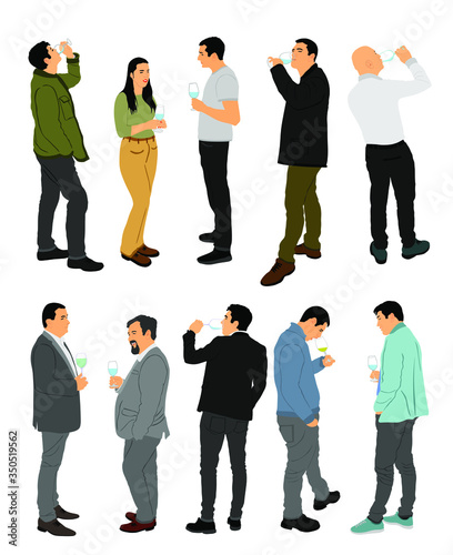 Business people meeting and drinking wine vector illustration isolated on white. Friend toasting relaxation after work. Boys drink beer in bar. Social live celebration with beverage. Girl and boy love