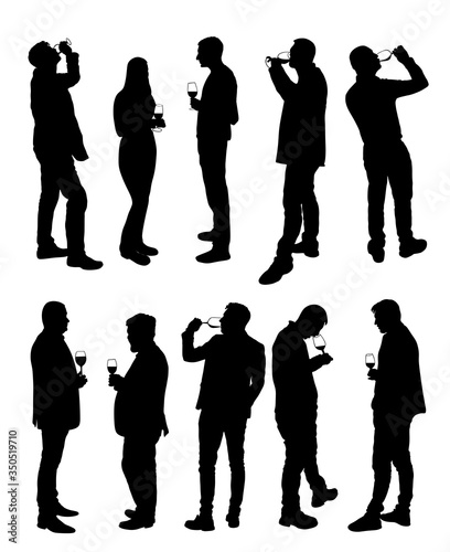 Business people meeting and drinking wine vector silhouette isolated on white. Friends toasting relaxation after work. Boys drink beer in bar. Social live celebration with beverage. Girl and boy love.