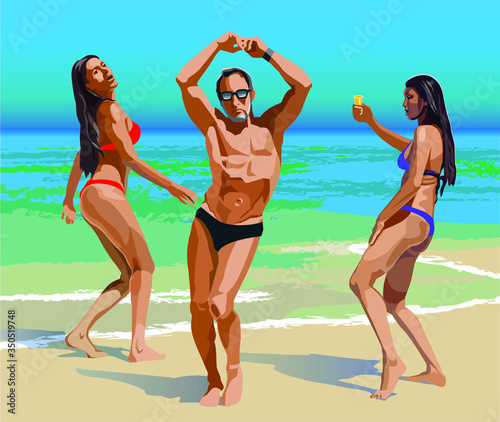 Color vector drawing of dancing people on the beach. Beach party