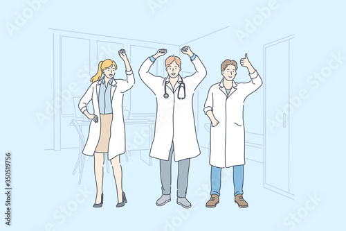 Team, success, goal achievement, winning, medicine concept. Group of young smiling men and woman boys girl doctors cartoon characters happy about victory. Reaching purposes and healthcare illustration