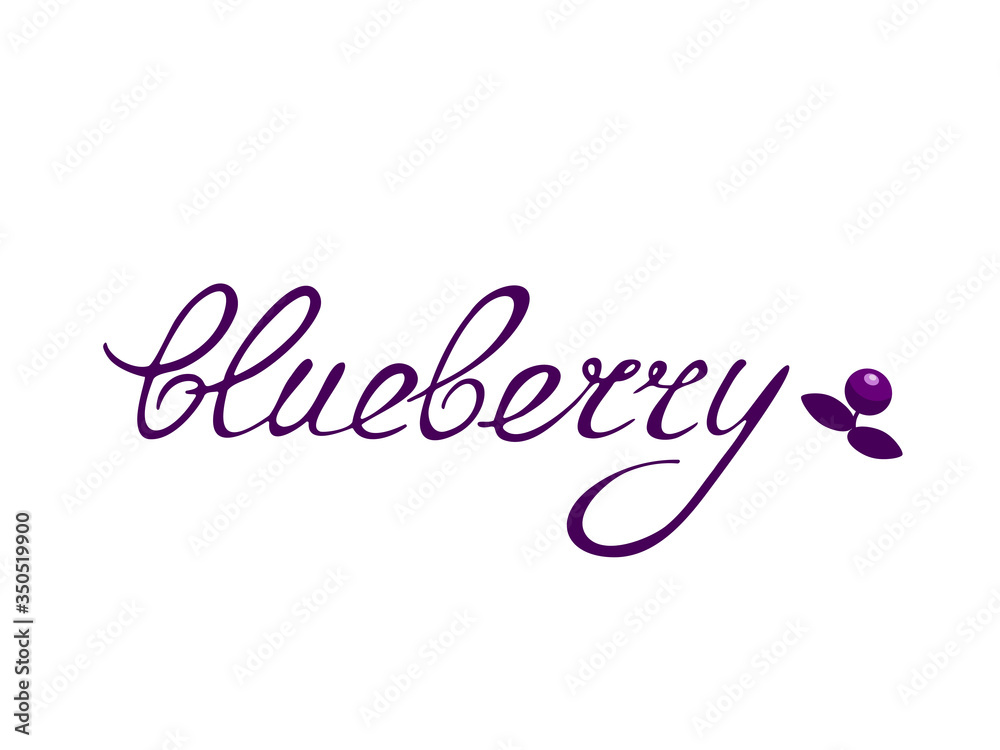Blueberry with green leaves. Lettering. Blueberry with green leaves. Lettering.