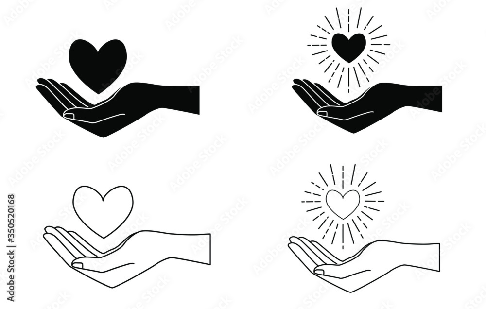 Heart in hand. Vector illustration isolated on a white background. Black and white icon set. Love and happiness. Valentine's day. Wedding. Minimalistic design. Elements for packaging, fabric, card