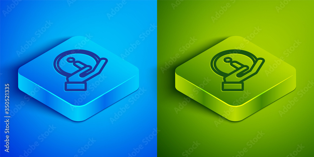 Isometric line Information icon isolated on blue and green background. Square button. Vector Isometric line Information icon isolated on blue and green background. Square button. Vector