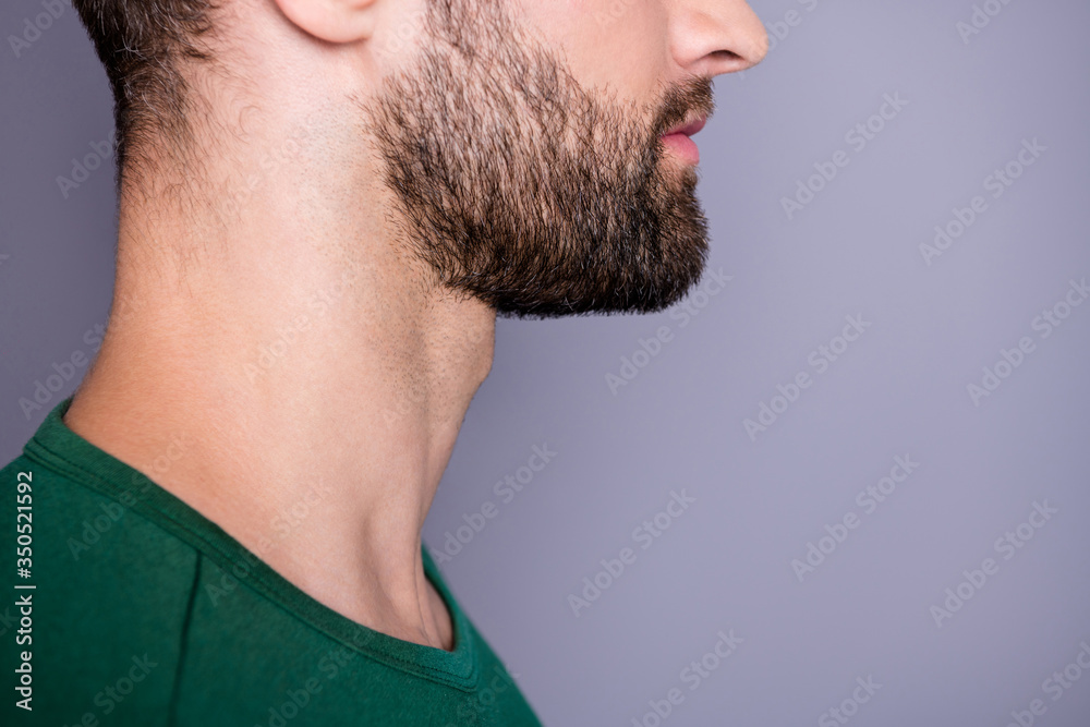 Obraz premium Profile side cropped close up photo of minded pensive guy look copyspace advertise skin care bristle stubble procedure wear casual style outfit isolated over gray color background