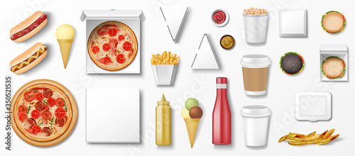 Realistic fast food mockup set, top view for restaurant snack menu. Fast food template Isolated hamburger, ice cream, pizza, popcorn, ketchup. Vector