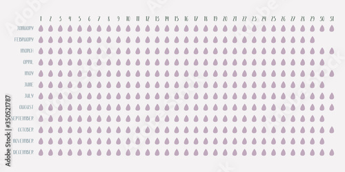 Menstruation calendar. Women period tracker. Calendar for critical days marking, menstrual cycle. Vector illustration